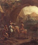 Adam Colonia Landscape with troopers and soldiers beneath a rocky arch painting